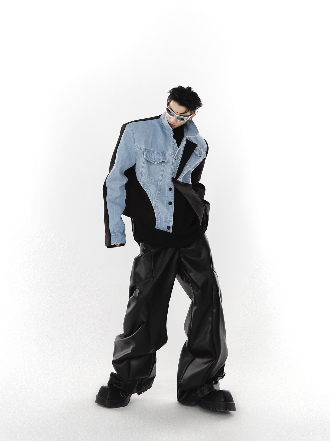 CulturE春季先锋小众解构牛仔外套拼料设计感垫肩西服夹克上衣男 - 图2