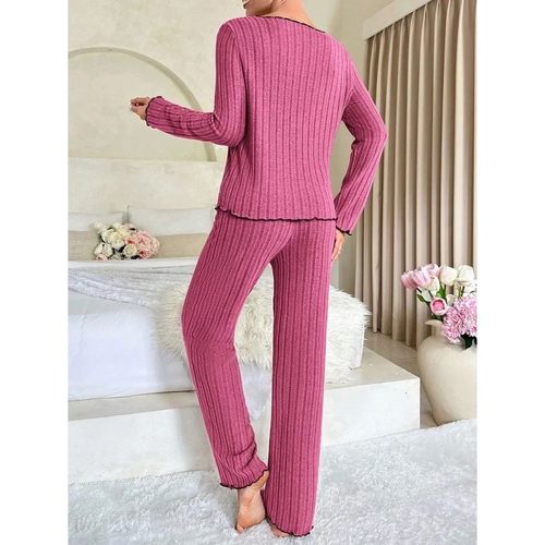 Women Autumn Winter Sleepwear Ribbed Pajamas Set Long Sleeve - 图0