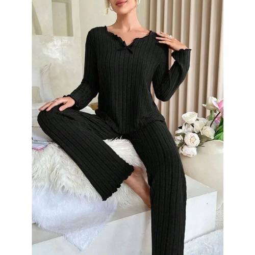 Women Autumn Winter Sleepwear Ribbed Pajamas Set Long Sleeve - 图3
