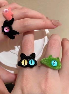 新款植绒小怪兽卡通戒指女可爱甜美百搭搞怪开口指环闺蜜情侣食戒