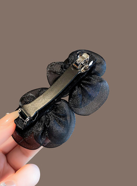 轻奢高级感水钻双花朵弹簧夹高档山茶花发夹半扎发卡盘发顶夹发饰