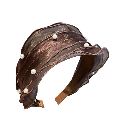 韩国东大门美拉德咖色系欧根纱珍珠木耳边发箍宽边显脸小时尚头箍 - 图3