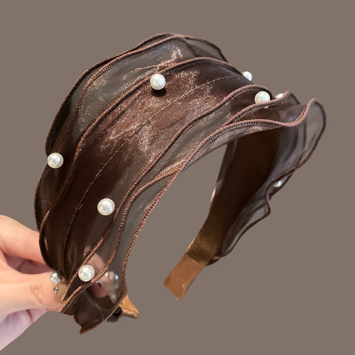 韩国东大门美拉德咖色系欧根纱珍珠木耳边发箍宽边显脸小时尚头箍 - 图1