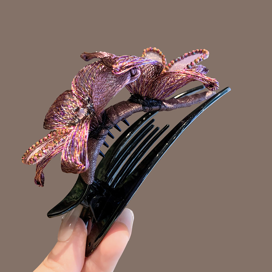 优雅紫色铜丝花朵盘发夹子高端手作精致后脑勺顶夹鸭嘴夹妈妈发卡,淘宝优惠券,粉丝福利购,淘宝优惠卷