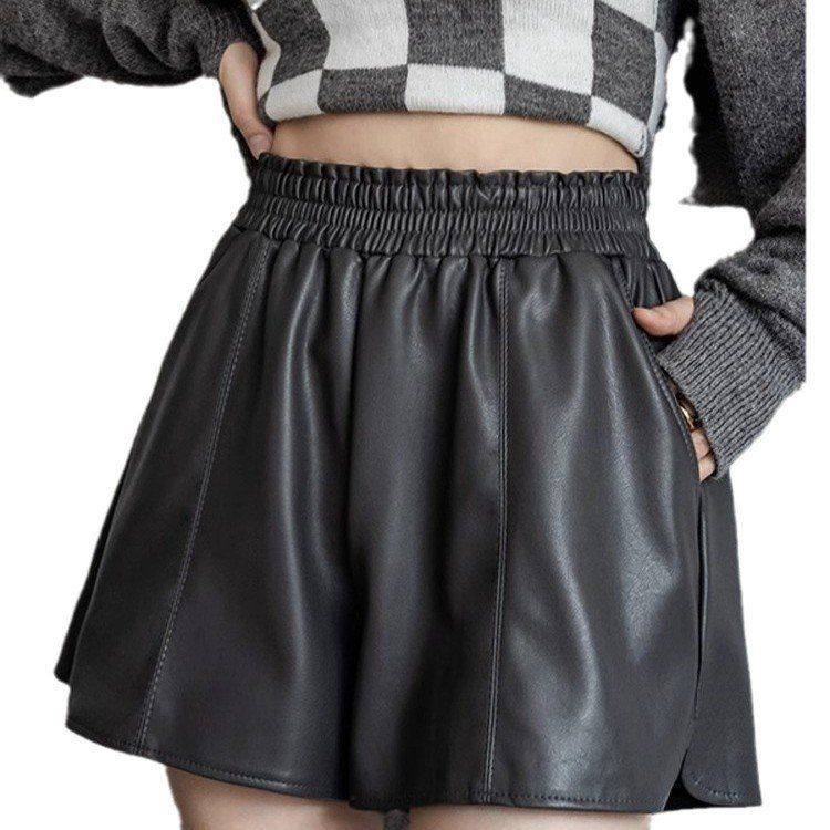 休闲pu皮短裤女春秋外穿韩版小个子松紧高腰阔腿a字皮裤打底靴裤,淘宝优惠券,粉丝福利购,淘宝优惠卷