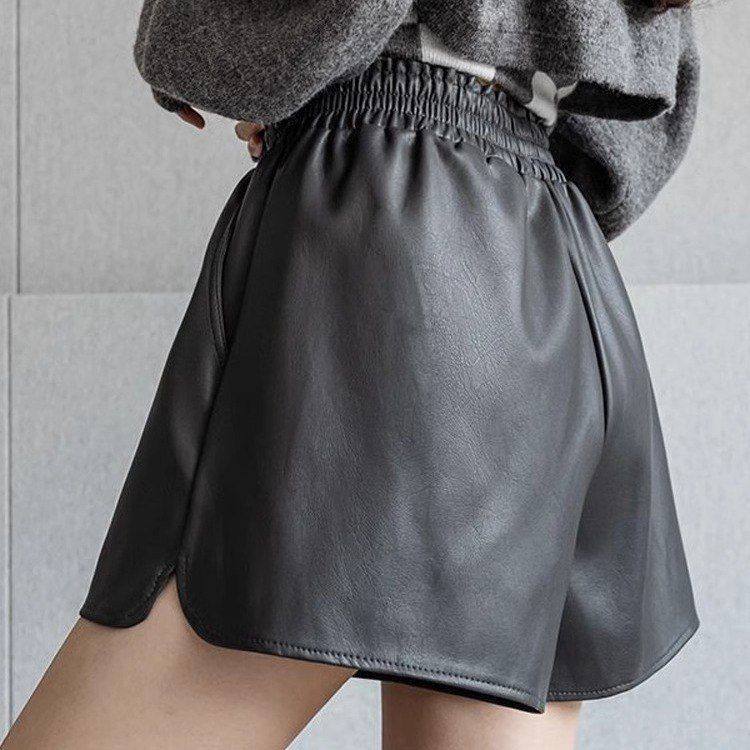 休闲pu皮短裤女春秋外穿韩版小个子松紧高腰阔腿a字皮裤打底靴裤,淘宝优惠券,粉丝福利购,淘宝优惠卷