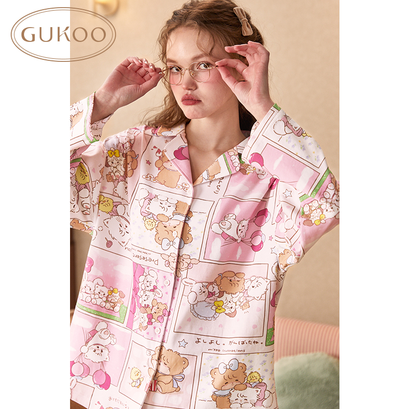 Gukoo/果壳睡衣女春秋mikko系列可爱卡通满印可外穿家居服套装