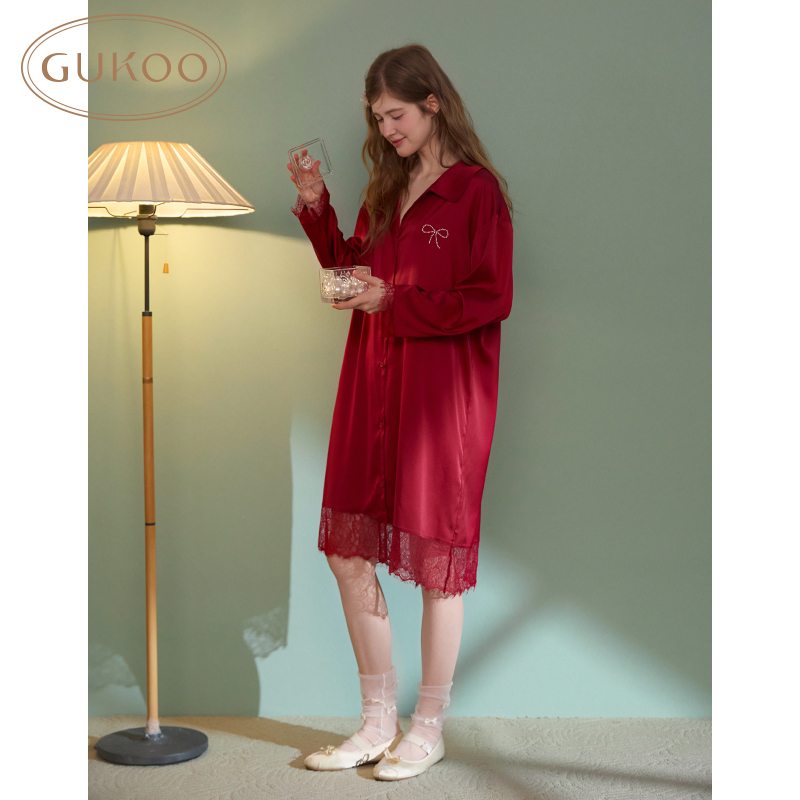 Gukoo/果壳睡衣女春秋款冰丝质感红色蕾丝花边家居服睡裙 - 图0
