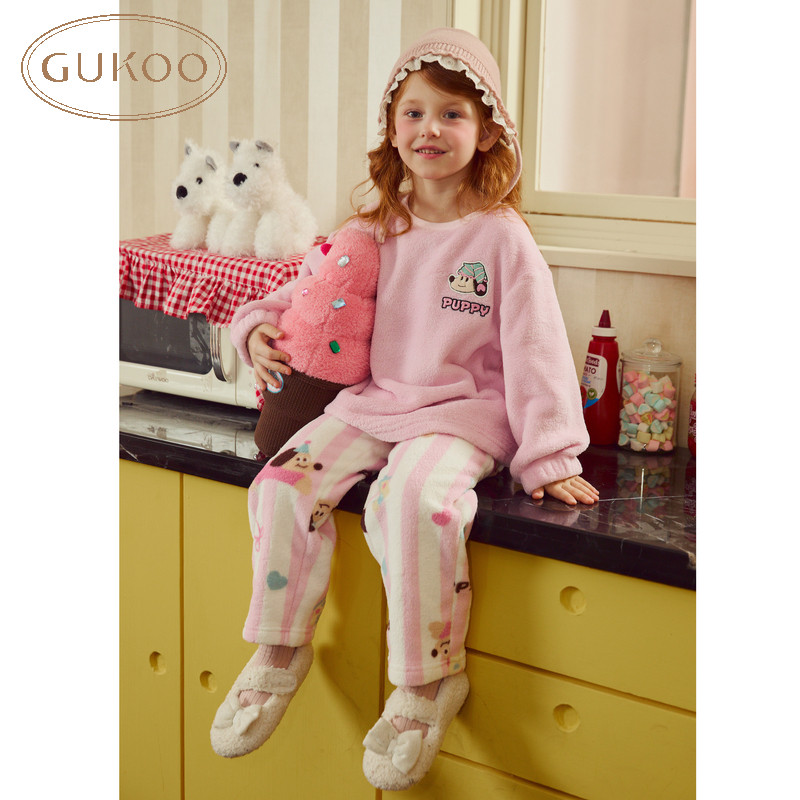 Gukoo/果壳睡衣儿童冬款加绒轰轰小狗可爱竖条纹女童家居服套装,淘宝优惠券,粉丝福利购,淘宝优惠卷