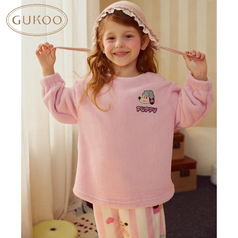 Gukoo/果壳睡衣儿童冬款加绒轰轰小狗可爱竖条纹女童家居服套装,淘宝优惠券,粉丝福利购,淘宝优惠卷