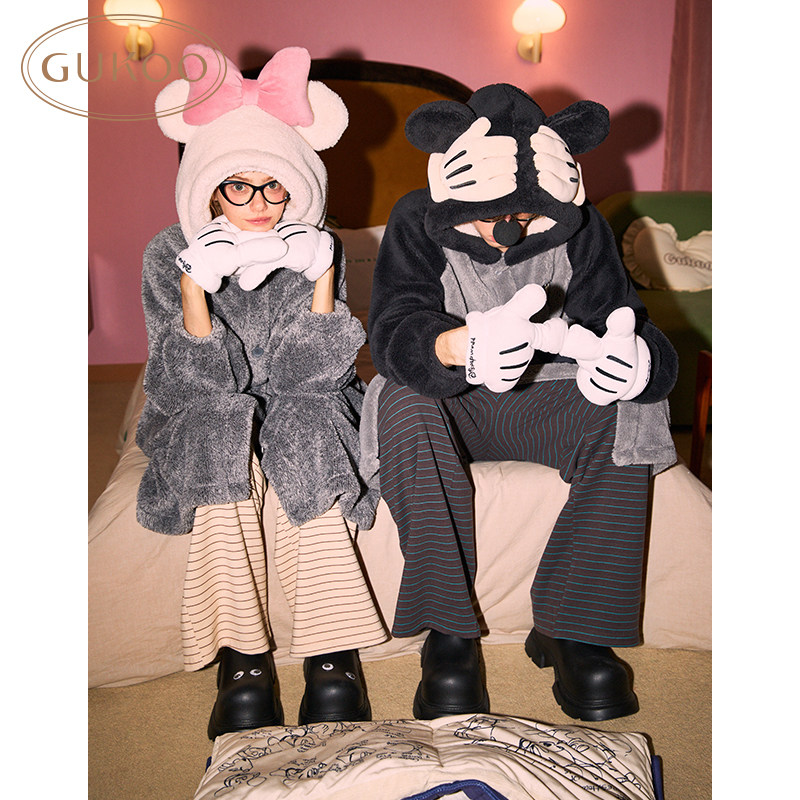 Gukoo/果壳睡衣情侣冬款加绒米奇系列蝴蝶结连帽可外穿家居服睡袍,淘宝优惠券,粉丝福利购,淘宝优惠卷