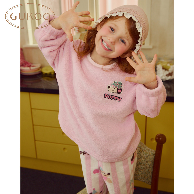 Gukoo/果壳睡衣儿童冬款加绒轰轰小狗可爱竖条纹女童家居服套装,淘宝优惠券,粉丝福利购,淘宝优惠卷