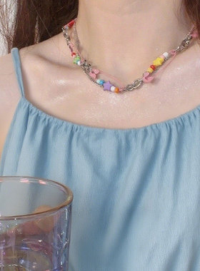 SICILYZEE少女心别针串珠项链女ins小众设计甜酷辣妹Y2K风锁骨链