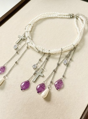 紫色项链流苏重工蝴蝶结多层choker高级新款锁骨链