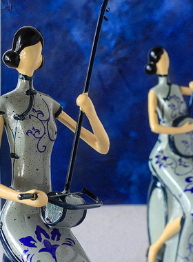 新中式旗袍二胡琵琶乐器仕女摆件中国风客厅电视柜玄关古风工艺品