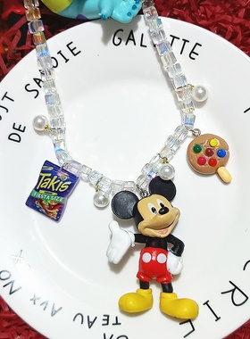 时尚biling闪亮透明水晶串珠卡通树脂米老鼠时尚短款项链颈链女