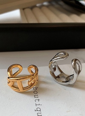 铜镀18k金欧美饰品夸张光面几何开口戒指女小众个性弧面手饰