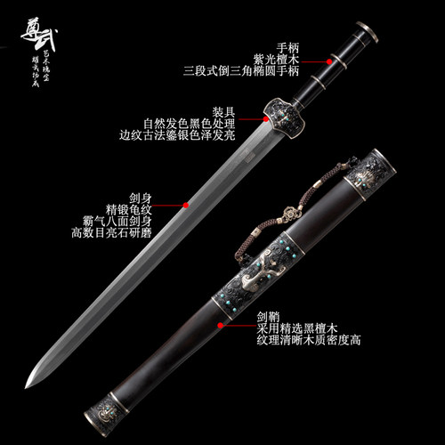 龙泉尊武 鎏银至尊战剑 龙泉赵沛炎刀剑宝剑硬剑花纹钢长剑未开刃 - 图2