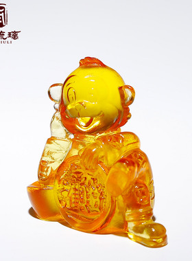 古法琉璃十二生肖福猴寿桃摆件