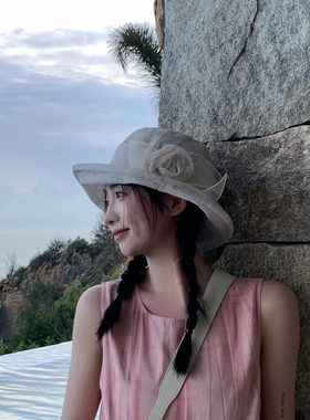 欧根纱花朵遮阳渔夫帽可调节赫本风大檐边防晒海边拍照百搭帽子女