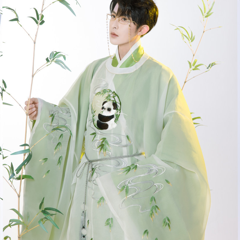 煌月竹子滚滚熊猫小梦同款绣花圆领袍直裰道袍明制汉服男女同款_虎窝淘
