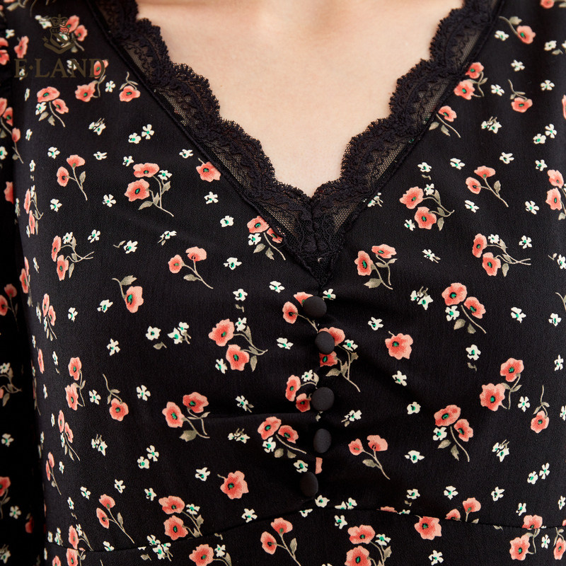 eland2020气质显瘦碎花蕾丝连衣裙 衣恋集团outlets店连衣裙