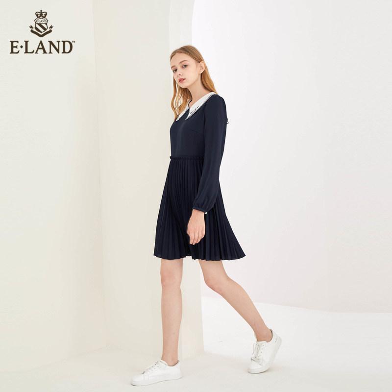 eland2020甜美减龄拼接百褶连衣裙 衣恋集团outlets店连衣裙