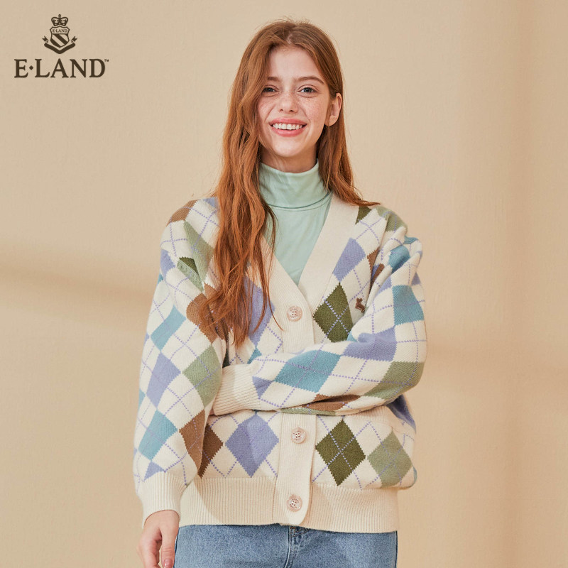 eland2020秋季新款复古港风开衫 衣恋集团outlets店毛针织衫