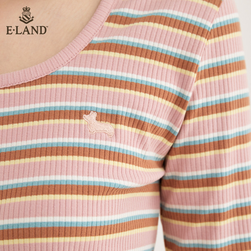 eland减龄缤纷条纹女长袖韩版t恤 衣恋集团outlets店T恤