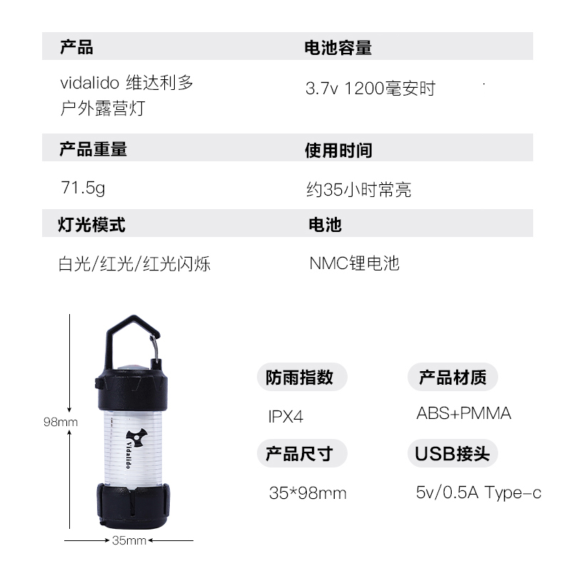 维达利多露营灯户外LED照明灯营地灯应急手电筒帐篷超长续航手灯 - 图0