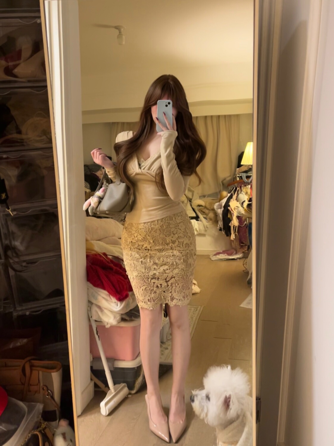 荔桃想睡觉ya【气质姐姐】蕾丝假两件长袖温柔收腰显瘦包臀裙套装,淘宝优惠券,粉丝福利购,淘宝优惠卷