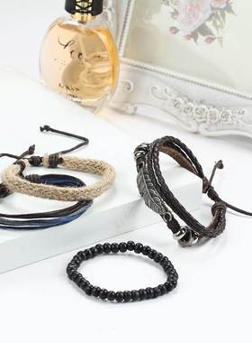 皮绳男女情侣手链复古多层手镯 couples hand catenary bracelet