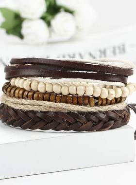 couples hand catenary bracelet men 皮绳木珠多层男女情侣手链