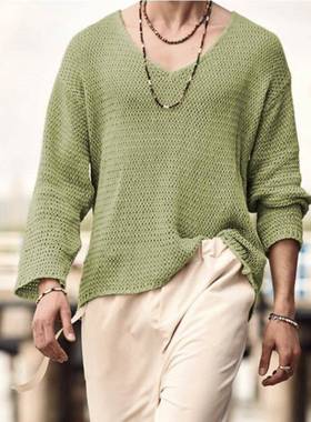 Autumn new solid color V-neck casual sweater men's loose