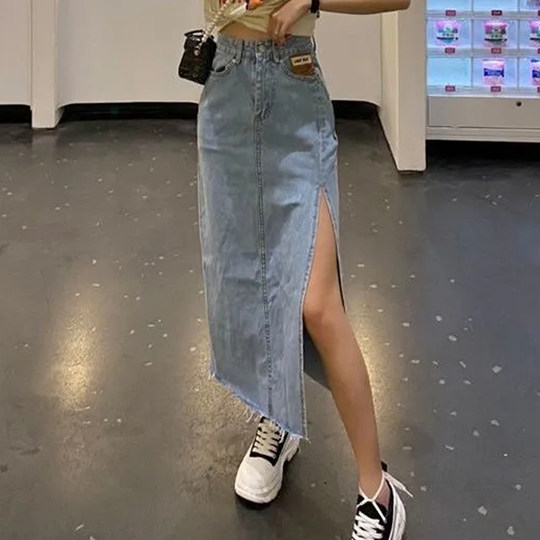 高腰侧开叉牛仔半身裙女夏季2025新款显瘦a字辣妹包臀长裙子ins潮
