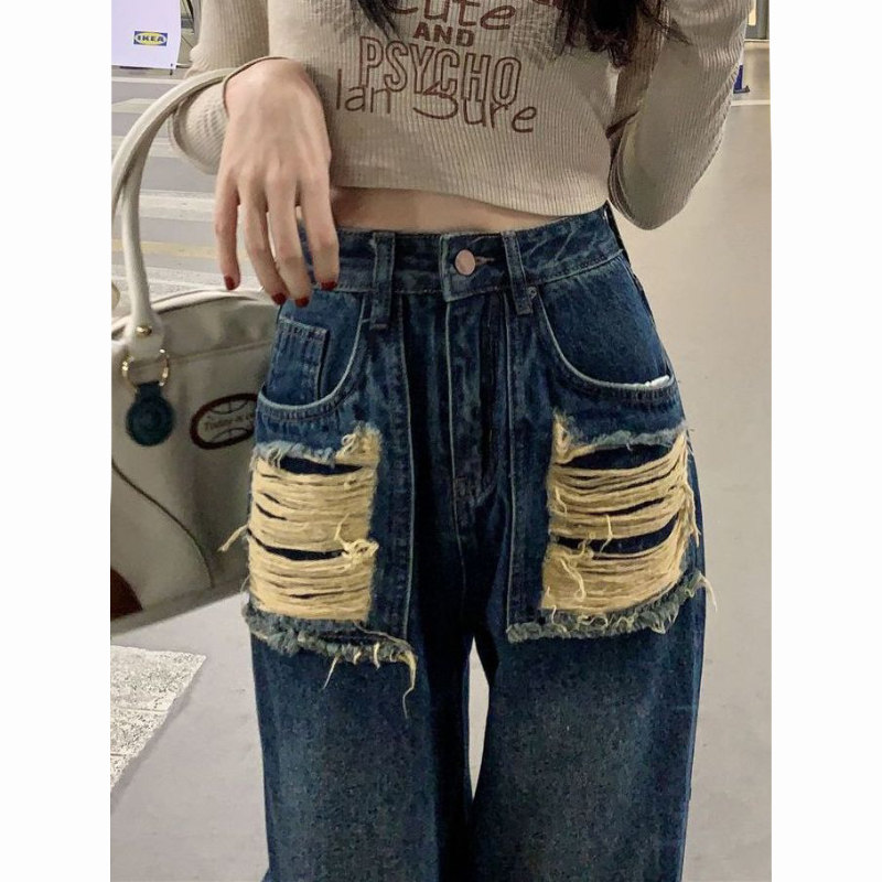 美式复古高腰牛仔裤女2025秋季新款设计感不规则破洞直筒阔腿裤潮,淘宝优惠券,粉丝福利购,淘宝优惠卷