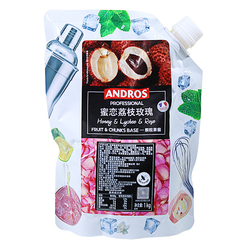 Andros安德鲁蜜恋荔枝玫瑰颗粒果酱 饮品慕斯甜品面包配料条酱1kg - 图3