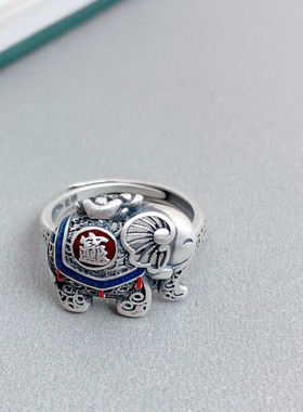 珐琅如意吉象戒指女个性复古民族风景泰蓝小象指环活口时尚手饰品