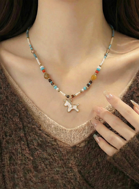 金色小马钛钢项链女毛衣链锁骨链