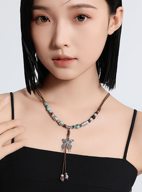 新中式复古陶瓷蝴蝶编织绳长项链