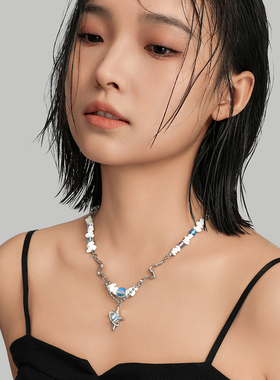 蓝色星星吊坠碎石串珠设计感项链