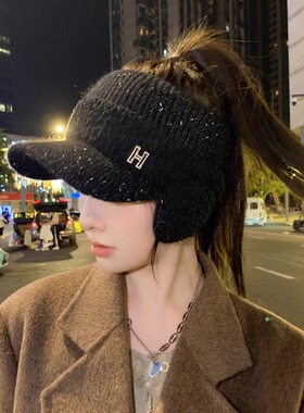 护耳针织毛线帽女秋冬季保暖防寒空顶鸭舌帽户外跑步休闲扎马尾