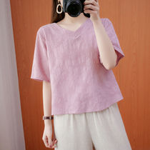 New 2022 summer fit cotton linen short sleeve blouses woman loose 100 lap temperament V neck sweatshirt 70% sleeve casual T-shirt