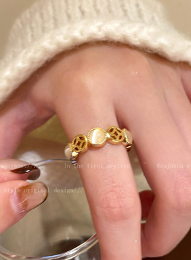 金色猫眼石铜钱戒指女2025新