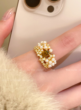 虎眼石琥珀珍珠戒指女法式高级