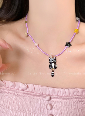 童趣彩色小猫星星项链女多巴胺可爱时尚锁骨链抽拉编织绳卫衣配饰