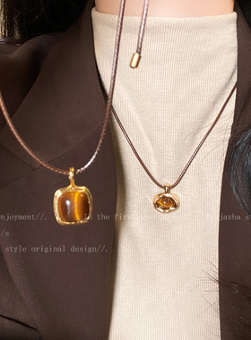 虎眼石方形不规则项链女