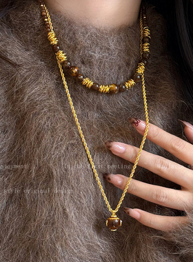 雅丹风虎眼石拼接毛衣链女轻奢小众叠戴项链复古高级感锁骨链配饰