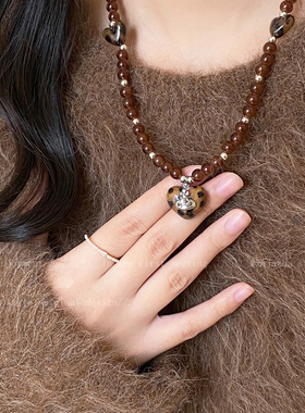 西太后爱心豹纹星球项链女