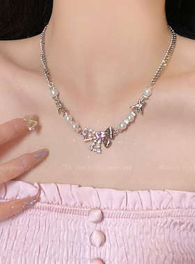春日配色~蝴蝶结锆石珍珠项链
